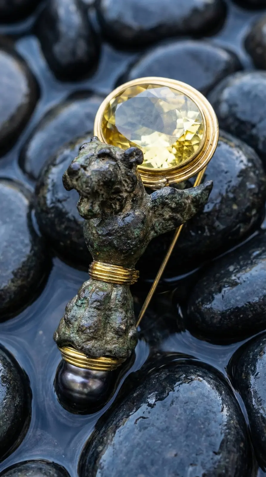 Macro jewelry product photography of a brooch on stone