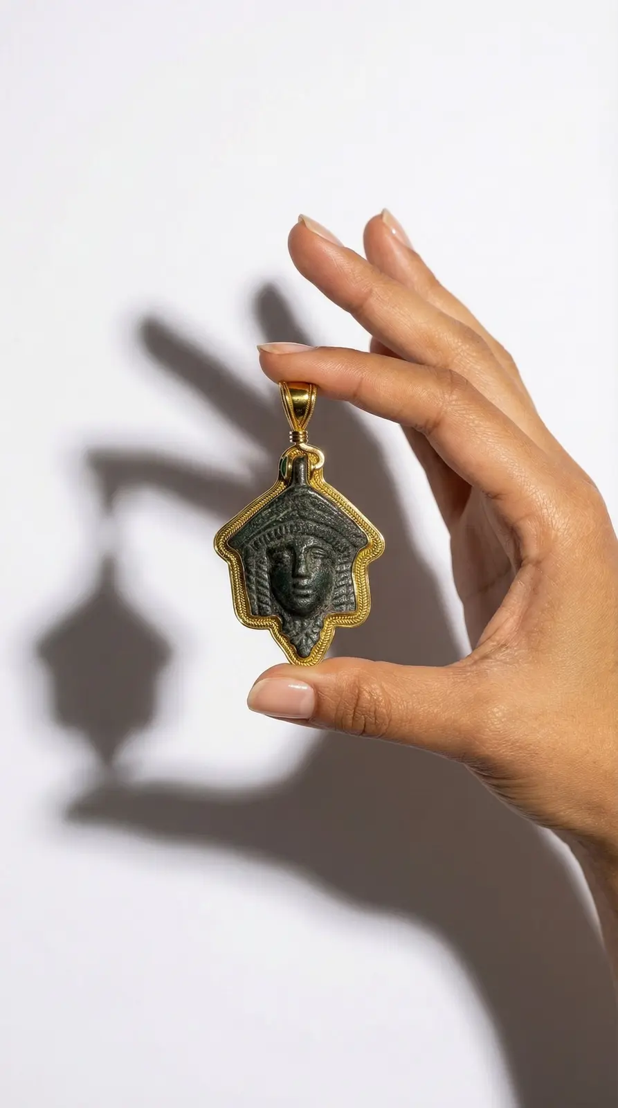 Jewelry product photography of a pendant held in hand