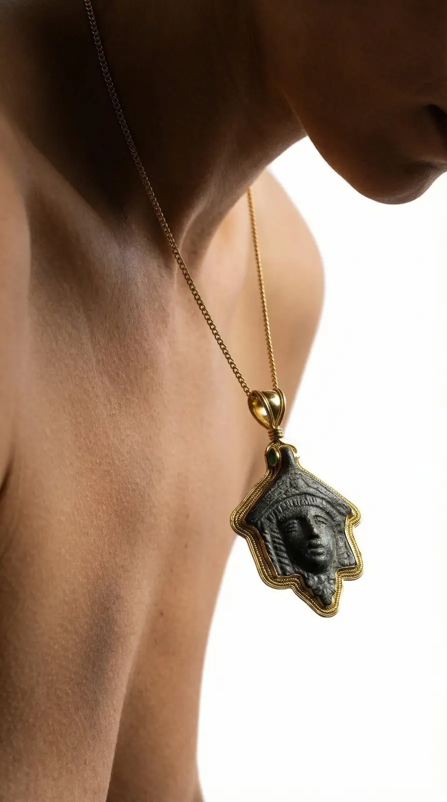 Jewelry product photography of a pendant worn on a model
