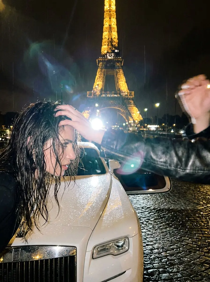 Raw-candid flash-lit shot in front of the Eiffel Tower at night