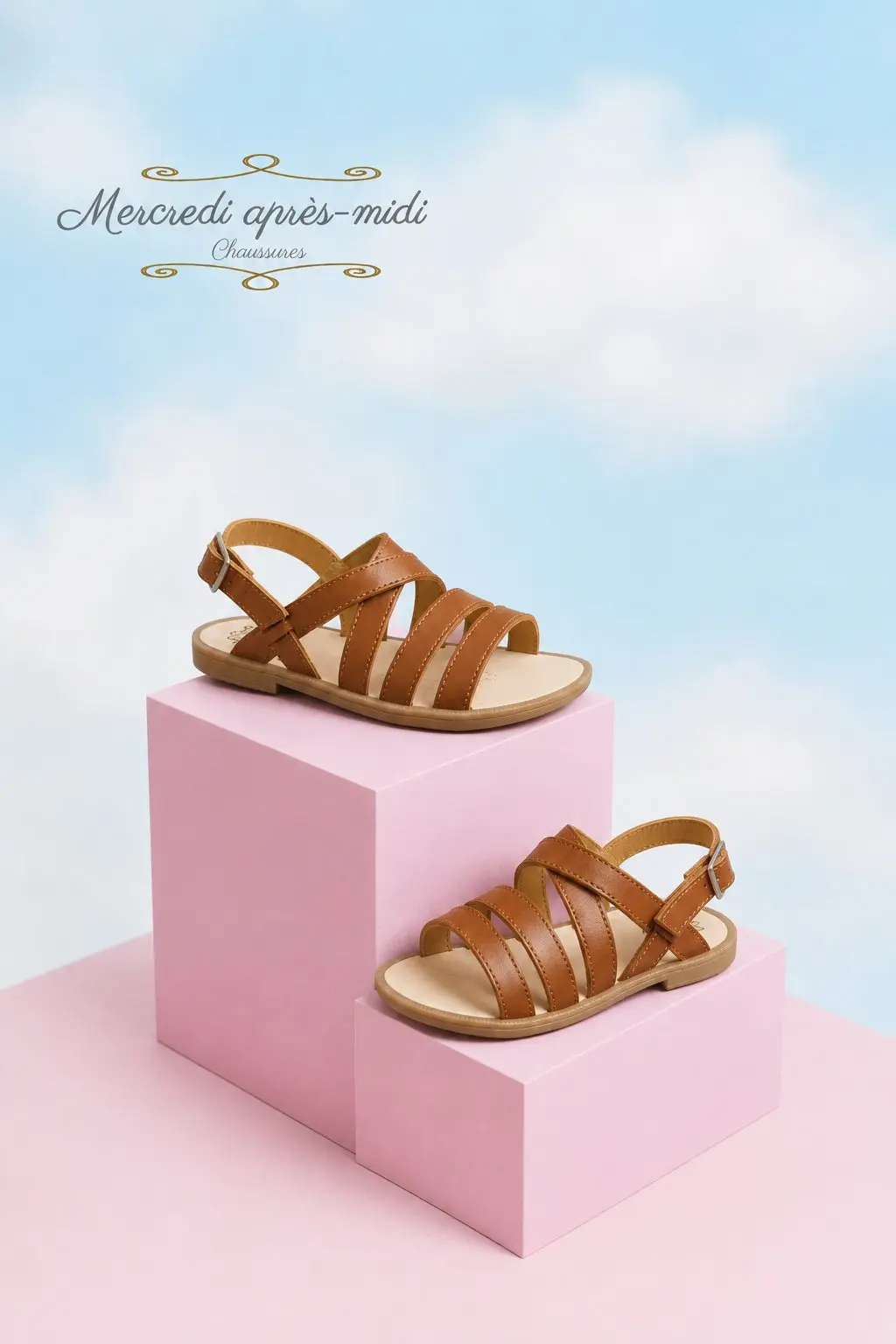 Clean product shot of sandals on pastel blocks