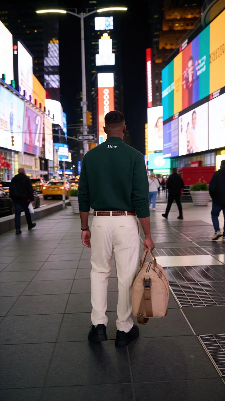 Fashion placement reel shot in a real city location, front view