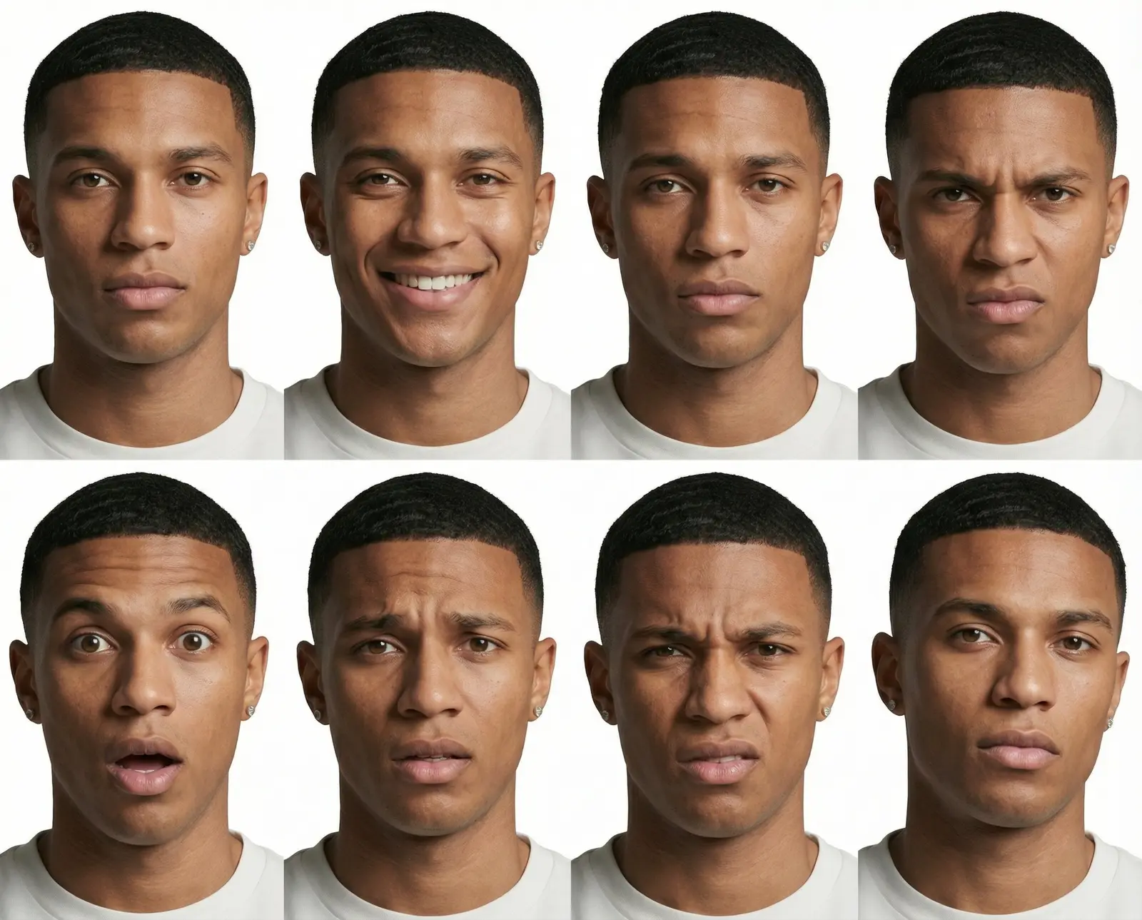 Consistency grid of a trained AI identity across eight expressions